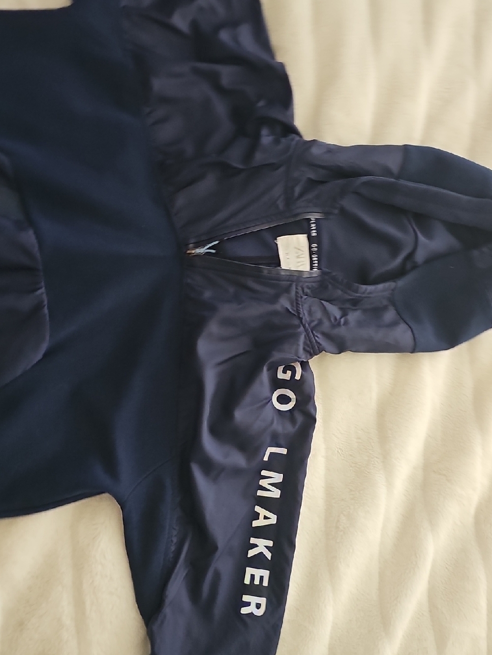 Zara Navy Zip-Up Hooded Jacket with White Sleeve Text. I accept offers.